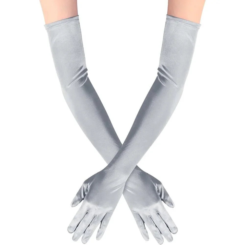 Women's Satin Dark Silver Long Gloves Costumes Elbow Length Evening Party Prom